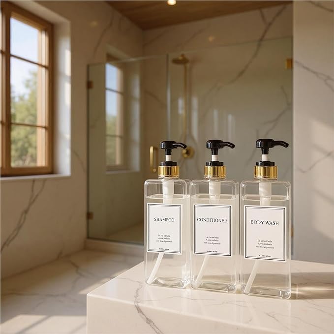 Modern Gold Design Large 27 oz Shampoo and Conditioner Dispensers - Empty Plastic Refillable Pump Bottle Set for Bathroom Shower Soap Dispenser, Gift Box Included, Set of 3 (Clear & Black)