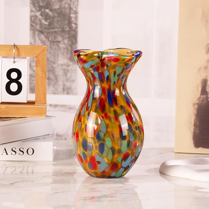 KAMMAK Colored Glass Vase, Beautiful Hand Blown Decorative Vase, Modern Art Vase for Flower Mantle Dining Table Centerpiece, Entryway Living Room Wedding Decoration, FH009