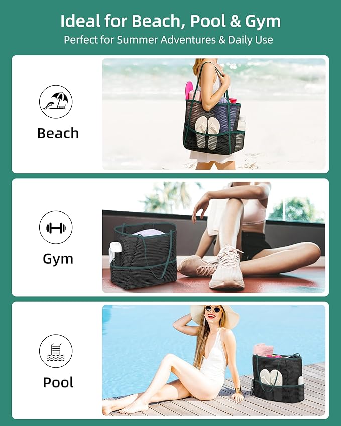 Mesh Beach Tote Bag Packable,2025 New 2-in-1 Large Lightweight Foldable Beach Bags with Multiple Pockets for Women