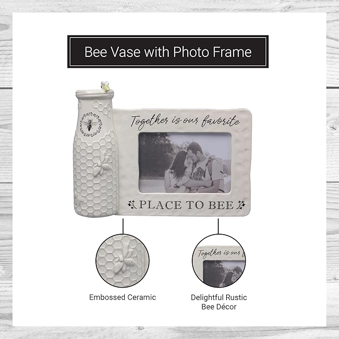 youngs Inc Ceramic Bee Vase w/Photo Frame, White, Black, 11.25" Length x 3.00" Width x 8.00" Height