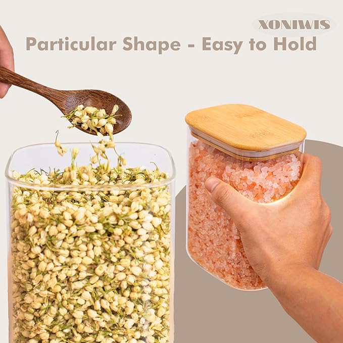 63oz 3PCS Rectangle Glass Storage Containers with Bamboo Lids, Glass Jars with Lids, Clear Food Jar, Square Canister, Pantry Organizers and Storage for Flour, Pasta, Coffee, Tea, Snack, Cookie