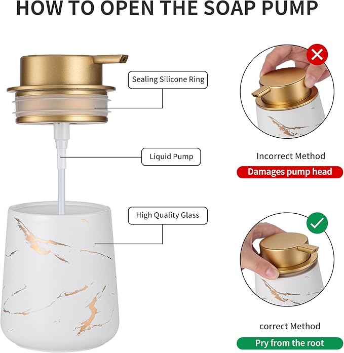 Enra Ceramic Gold Soap Dispenser,12 oz Marble Hand Liquid Soap Dispenser for Bathroom Kitchen Dispenser for Dish Soap with Easy-to-Press(Glod Liquid Type2)