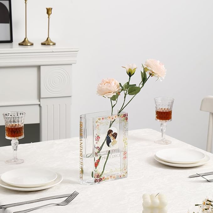 Book Vase for Flowers, Glass Book Shaped Vase, Clear Flower Vases, Large Glass Vases for Home, Office, Bedroom, Living Room, Dining Table, Bookshelf(Pride)