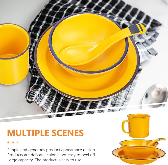 BESPORTBLE Melamine Dinnerware Set Yellow 4pcs Bowl Cup Plate Set Food Serving Containers Lightweight Unbreakable Tableware for Indoor Outdoor Dining