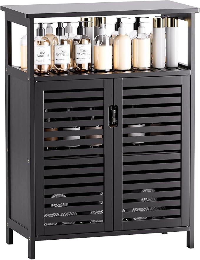 HITNET Black Bathroom Storage Cabinet, Freestanding Bamboo Floor Cabinet 4 Tier Tall Kitchen Cupboard with Door and Shelves