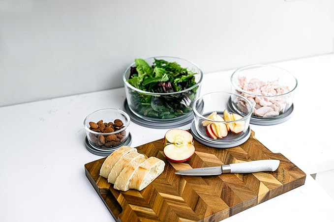 DURA LIVING 8-Piece Glass Food Storage Containers Set (4 Containers + 4 Lids) | Round, Nesting, Microwave & Dishwasher Safe | BPA-Free, Space-Saving | Grey Lids for Pantry & Kitchen Organization