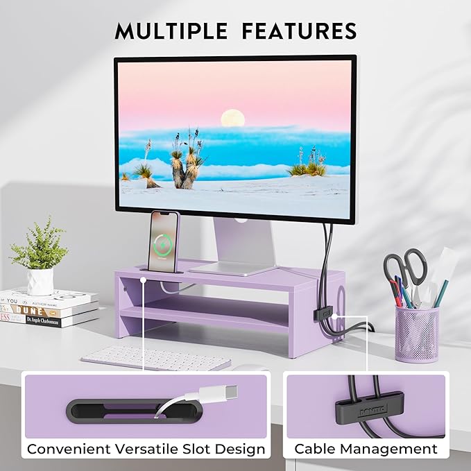 BONTEC Wooden Monitor Stand Riser, 2-Tier Desk Shelf with Storage Organizer, Ergonomic Computer Stand with Cable Management, Cellphone Holder, Purple, 16.5 Inch