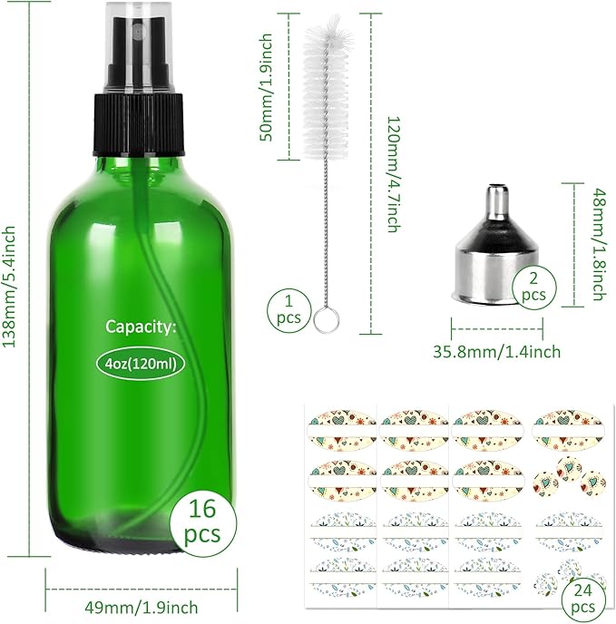 CycleMore 120ml 16 Pack 4oz Green Glass Spray Bottles with Fine Mist Sprayers, Glass Travel Bottles for Cosmetic, Essential Oils, Cleaning Solutions, Perfumes & More Liquids Ideal for Friends