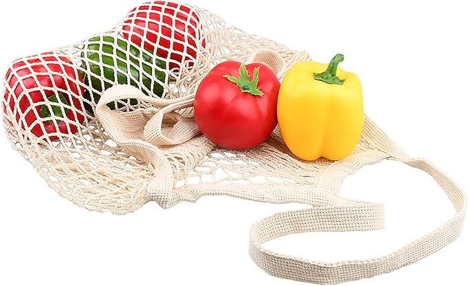 [4 Pack] Premium Mesh Grocery Bags, Reusable Produce Bags, Long Handle Net Tote Bags, 100% Cotton String Bags, Fruit and Vegetable Bags, 4 colors (Portable/Washable/Durable)