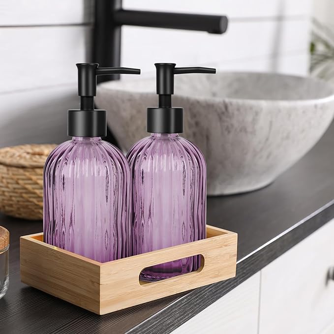 Glass Soap Dispenser with Plastic Pump, Hand Soap Dispenser for Hand Wash, Lotion Dispenser for Dishwashing Liquid, Lotion Shower Gel (Striped Purple)