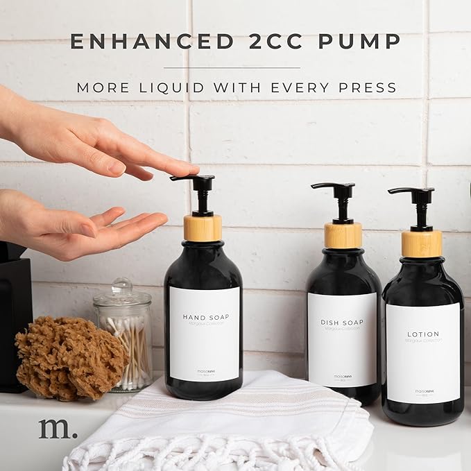 MaisoNovo Refillable Shampoo and Conditioner Bottles | 16.9 fl oz Set of 3 Black Plastic Bottles Black Bamboo Pumps