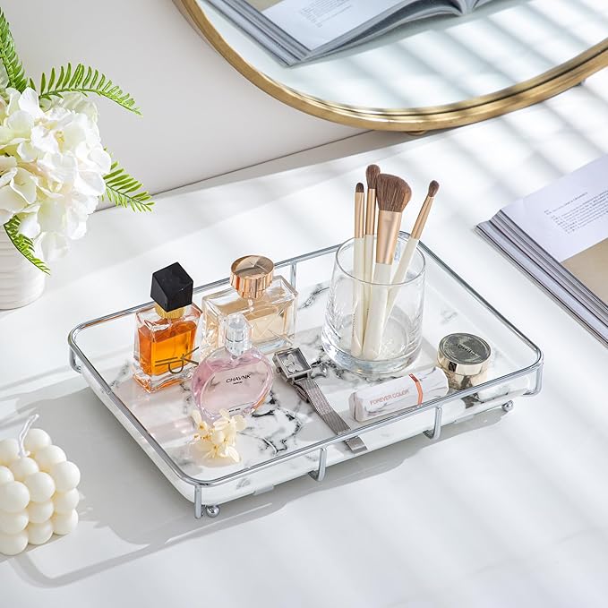 Vanity Tray Makeup Organizer Cosmetics Storage Bathroom Skincare Organizer Countertop Display Rack in Dresser Stainless Steel Shelf Marble Print Ceramic Trays