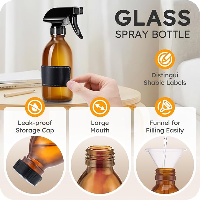 Tecohouse Glass Spray Bottles 8oz, Amber Hair Spray Bottles, 2 Pack Empty Refillable Sprayer Container with Labels, Funnel, Lids, Graduated Pipettes - Handheld Size