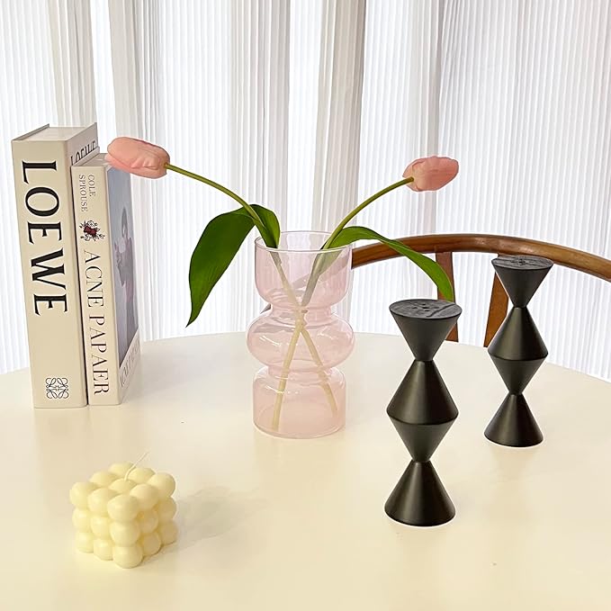 BLOFLO Pink Transparent Glass Hydroponic Vase, 7Inches Colored Glass Vase for Flower, Modern Geometric Three-Layer Floral Vases for Home Office Wedding Table Décor(Pink)