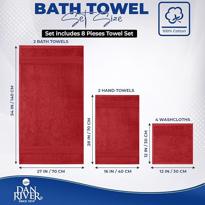 DAN RIVER 8 PC Luxury Bath Towels for Bathroom, 2 Bath, 2 Hand, and 4 Wash Cloths, 600 GSM 100% Ring Spun Cotton Towel Set, Highly Absorbent, Gym, Hotel, and Spa, Red
