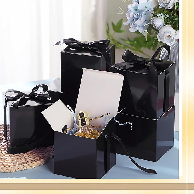 48 Pcs Christmas Gift Boxes with Ribbon Small Party Favor Boxes with Lids Mini Treat Candy Container for Wedding, Party, Birthday, Valentine's Day and More(Black,4 Inch)