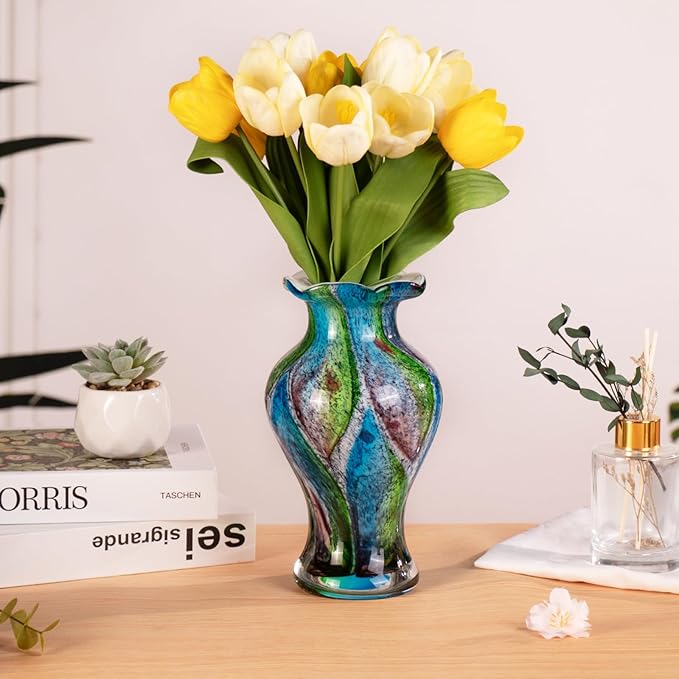 KAMMAK Colored Glass Vase, Beautiful Hand Blown Decorative Vase, Modern Art Vase for Flower Mantle Dining Table Centerpiece, Entryway Living Room Wedding Decoration, FH010