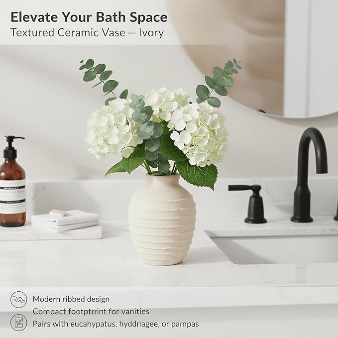 6.6-Inch Off-White Ceramic Flower Vase, Rustic Farmhouse Boho Pottery Centerpiece for Table, Living Room & Shelf