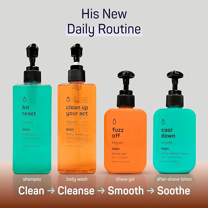 SpaLife Mens Body Wash Gift Set w/ Body Wash, Shave Gel, After-Shave Gel, Shampoo | Mens Skin Care Gift Set | Skincare Christmas Gifts for Men | Gifts for Men | Men's Skincare | 4-Piece