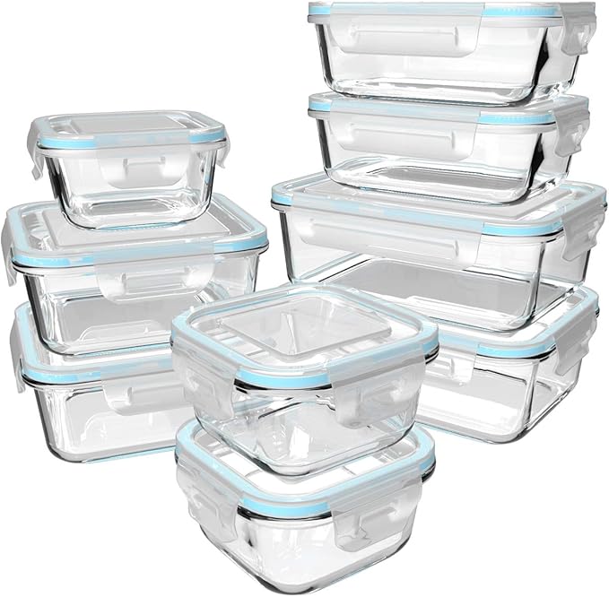 18 Piece Glass Food Storage Containers with Lids, Glass Meal Prep Containers, food storage Containers for Food Storage with Lids, BPA Free & Leak Proof (9 lids & 9 Containers)