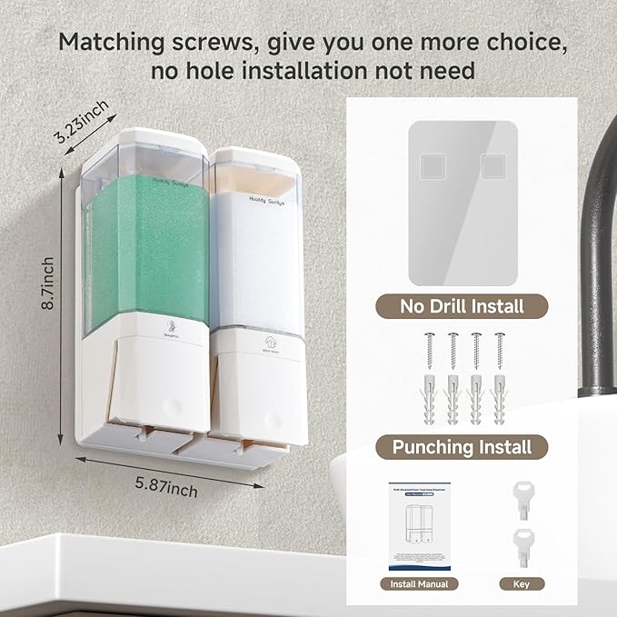 Shower Soap Dispenser Wall Mounted Shower Dispenser 2 Chamber No Drill Shampoo and Conditioner Dispenser Refillable Shampoo Dispener for Shower 2 * 500ml for Bathroom Hotel (Cream White 2 Chamber)