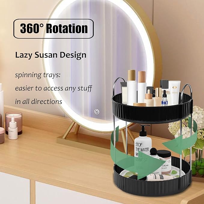 Rotating Makeup Organizer Countertop 2 Tier Lazy Susan Trays Spinning Skincare Perfume Storage for Bathroom Counter Vanity, Black