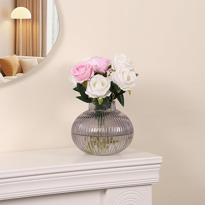 Black Glass Vase for Tulips, Ribbed Glass Vase for Flowers, Round Flower Vases, Small Short Vases for Living Room, Office, Coffee Table, Shelf, Wedding, 6 Inches