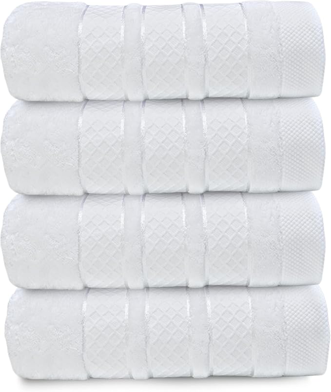 Premium Towel Set: Super absorbent, quick-drying, soft, plush. Features hanging loop, fade-resistant, eco & skin-friendly dyes. Luxury dobby design for bath or spa. (white, Bath Towel Set of 4)