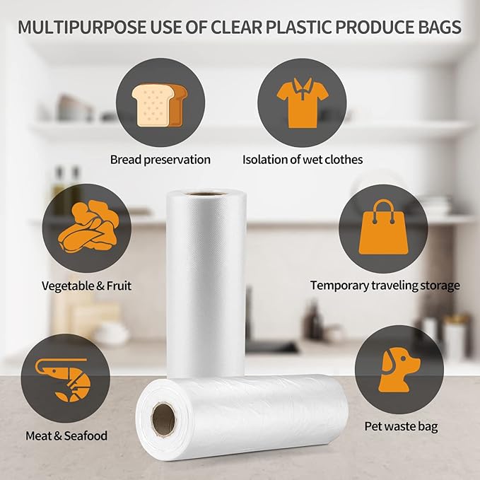 12” x 16” Food Storage Bags Plastic Produce Bags, Disposable Clear Bags 4 Rolls, 350pcs on a Roll