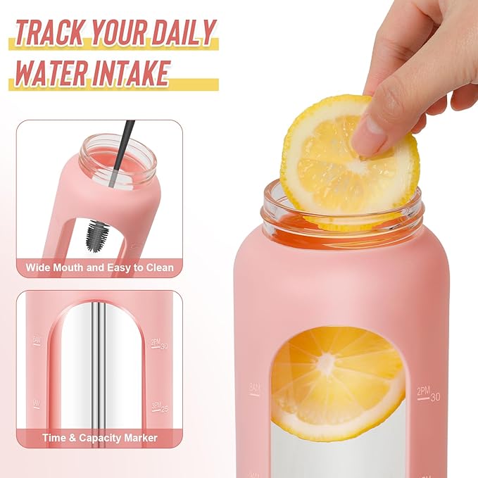 25 oz Glass Water Bottles - Motivational Tumbler With Time Marker - Borosilicate Glass With Silicone Sleeve and 2 Lids, Handle Spout & Bamboo Straw Lid (Pink)
