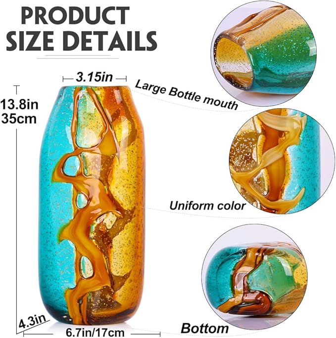 Handcrafted Glass Vase with Amber and Turquoise Colors - Artistic Decorative Flower Vase for Home Decor, Modern Art Piece for Living Room, Dining Table, and Office Desk (13.8 in)