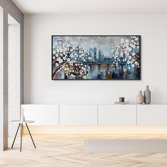 KLAKLA Large Wall Art for Living Room City Scenes - Black Frame Large Abstract Wall Decor Bedroom Office Landscape Plum Blossom Picture Artwork for wall Modern Home Decoration