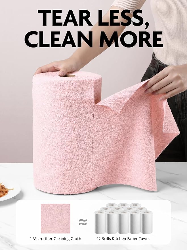 Fantasticlean Microfiber Cleaning Cloth Roll -150 Pack, Tear Away Microfiber Towels, 12" x 12", Reusable, Washable, Ultra Absorbent Dishcloth for Home Supplies, Car, Pet, Kitchen (Pink & Grey)