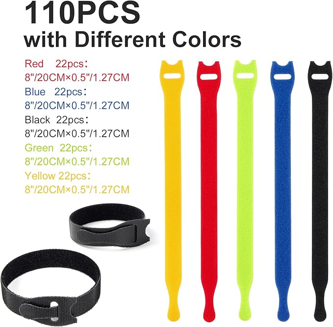 OneLeaf 110PCS Cord Organizer 8 × 1/2" Reusable Cable Ties with Hook and Loop, Colorful Fastening Cord Ties Wire Management for Home, Office, Data Centers, and Electronics, 5 colors