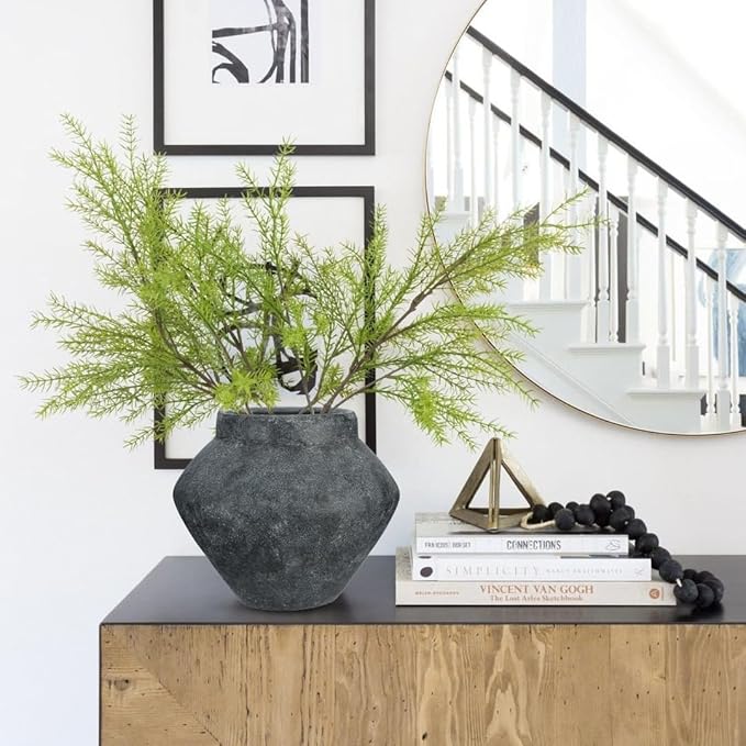 Briful Large Rustic Ceramic Vase with Distressed Finish, 8.2'' Tall Wide-Belly Decorative Flower Vases with Felt Pads, Retro Style Pottery for Home Decor, Table Centerpiece, Black