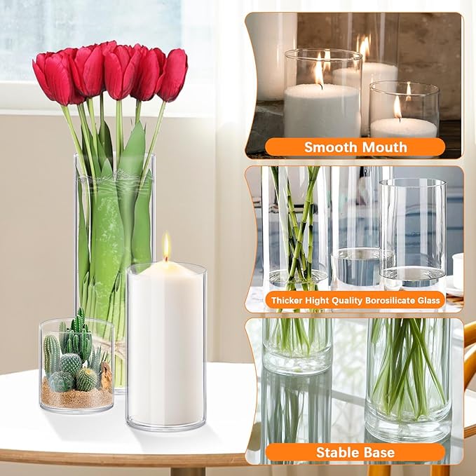 24 Pack Glass Cylinder Vases 4,6,8,10 Inch Tall Clear Flower Vase Hurricane Floating Candle Holder for Table Centerpiece Wedding Home Decor