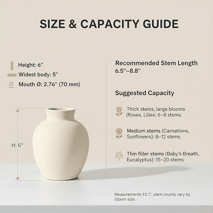 6-Inch Off-White Ceramic Flower Vase, Rustic Farmhouse Boho Pottery Centerpiece for Home Decor, Table, Living Room & Mantel