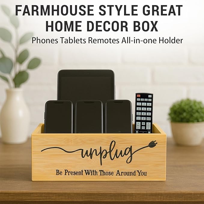 Bamboo Wood Phone Box – Unplug from Phones, Tablets, and Electronics for Study, Meetings, and Family Time, Phone Holder Organizer with Charging Holes, Farmhouse Style, Holds Up to 18 Phones-Wood