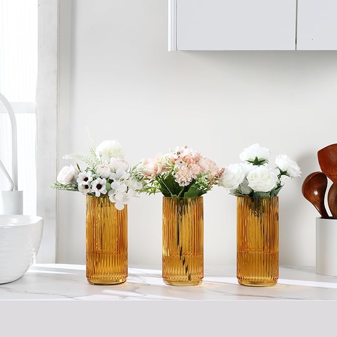 Amber Glass Vases, Flower Vases Set of 3, Ribbed Glass Vase for Tulips, Tall Cylinder Glass Vases for Living Room, Bedroom, Dining Table, Office, Wedding, Bookshelf Decoration, 8 Inches