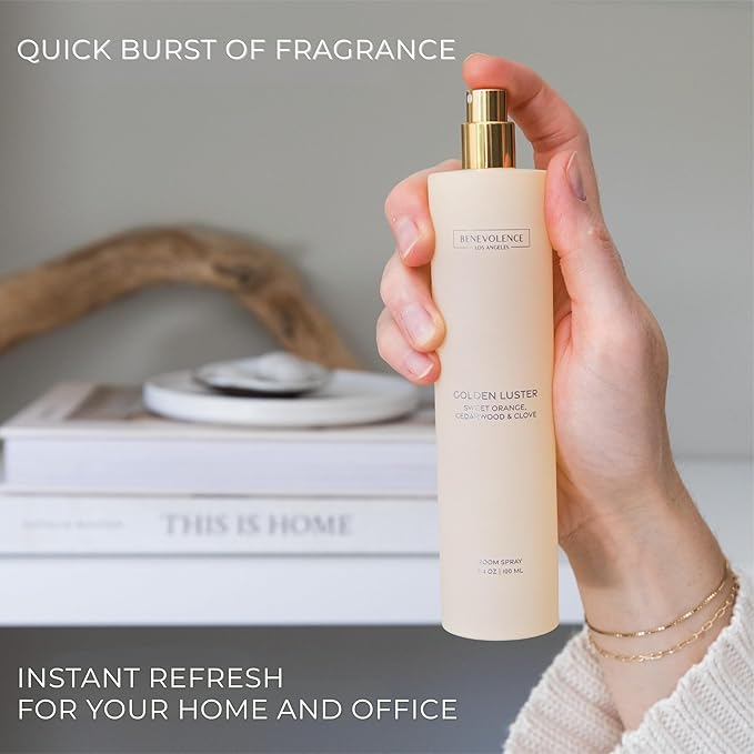Orange, Cedarwood & Clove Room Spray | Benevolence LA Golden Luster | 3.4oz | Home, Pillow & Linen Fragrance Spray | Low VOC, No Alcohol | Holiday & Christmas Gift for Her | Malibu Sands Collection
