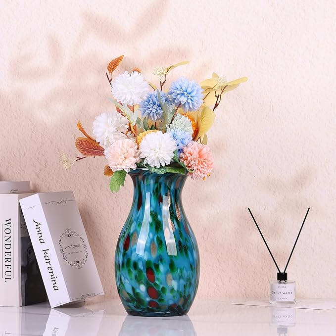 12 inch Hand Blown Glass vase, Green Glass vase, Glass Large vase Flower Decoration, Glass Art vase for Wedding Bathroom Dining Table Shelves Office Living Room Coffee Table Centerpiece vase.