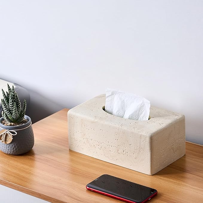 Natural Travertine Textures Tissue Box Cover Rectangular (Only Suitable for Standard Sized Tissue Box) for Decor,Resin Tissue Box for Bathroom Countertop,Bedside,Office（Made of Resin, Height of 4 in