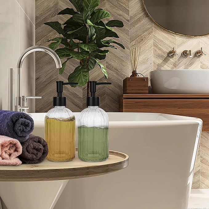 2 Pack Glass Soap Dispenser with Pump, 13.5oz Refillable Soap Dispensers with Vertical Stripe for Hand Wash & Dish Wash, Elegant Bathroom Soap Dispenser for Dishwashing Liquid, Lotion