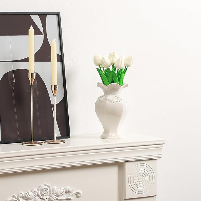 White Ceramic Vase, Decorative Vases for Modern Home Decor, Farmhouse Minimalist Decor, Boho Flower Vases for Living Room, Bedroom, Kitchen, Dining Table, Office, Wedding, 8.5 Inches