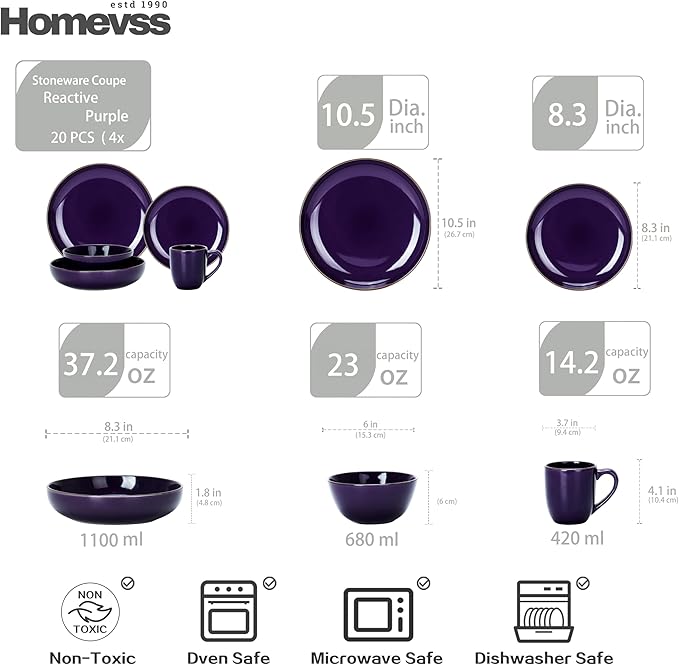 HomeVSS 20-Piece Dinnerware Set - Serves 4, Bright Glaze Purple plates and bowls sets with Speckle Effect for Microwave & Dishwasher Safe