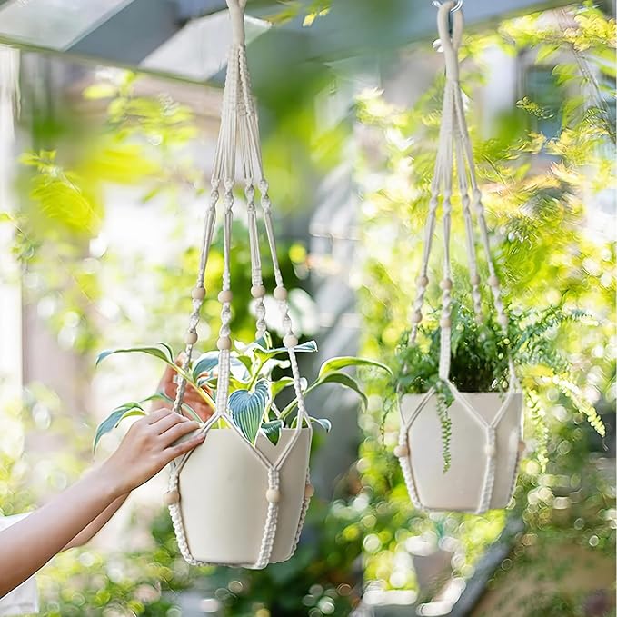 Macrame Plant Hanger Indoor Set of 2 with 4 Hooks, Indoor Outdoor Hanging Planter for Plants Holder with Decorative Wood Beads & No Tassels, Boho Home Decor, 35 Inch Ivory (Pots Not Included)