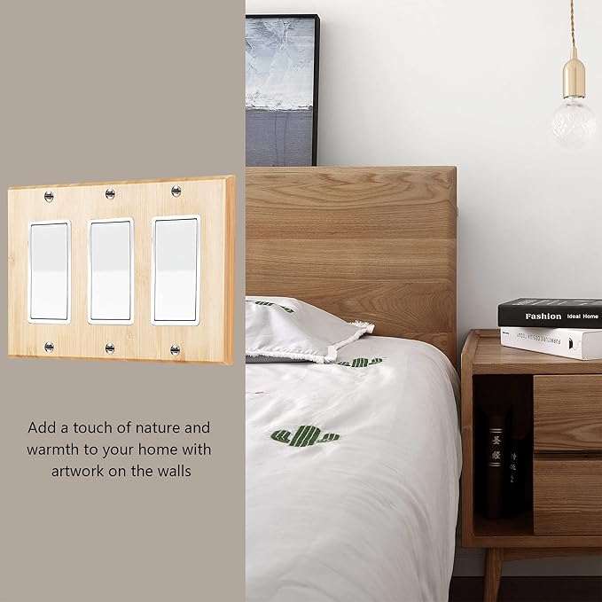 Raw Wood Light Switch Cover Decorative Triple Rocker Wall Plate 6.5" x 4.6" Bamboo Quality Light Switch Plate Cover for Bedroom Kitchen Home Decor (Triple Rocker)