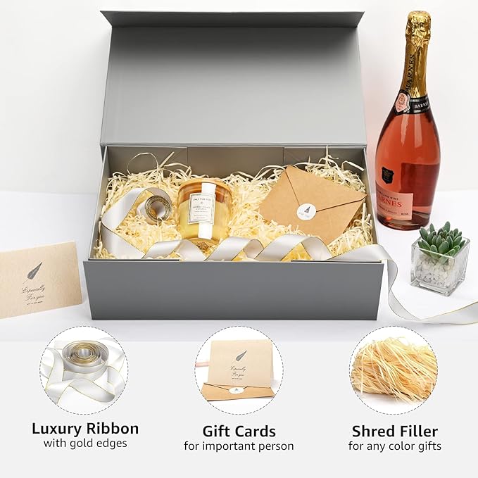 LIFELUM 2 Pack Large Gift Boxes with Lids,13.85 x 8.35 x 4.45 inch Gift Box Rectangle Collapsible Box Groomsmen Gift Boxes with Ribbon, Card, Shredded Paper Filler Gift Boxes for Presents