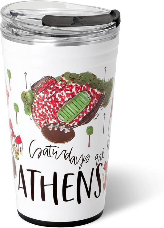 Swig Life 24oz Party Cup, Stackable Insulated Travel Coffee Tumbler with EZ Slider Lid, Cup Holder Friendly, Stainless Steel 24 oz Tumbler, Reusable Coffee Mug (Saturdays in Athens)