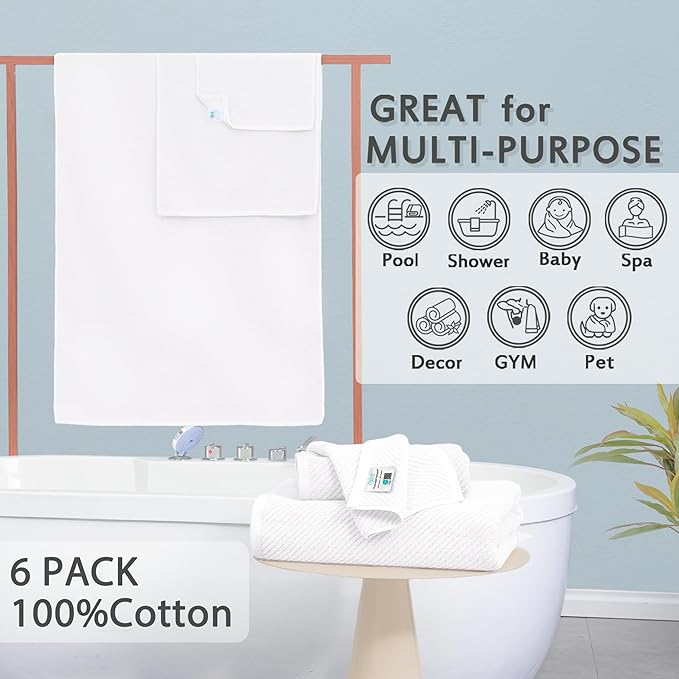 VOOVA & MOVAS White Towels Bathroom Sets - 100% Cotton | Quick Dry | Lightweight | Thick, 6PCS Bath Towels Set, 2 Large Bath 30"x56", 2 Hand 18"x28", 2 Wash Cloths 13"x13", Hotel Shower Towel Luxury